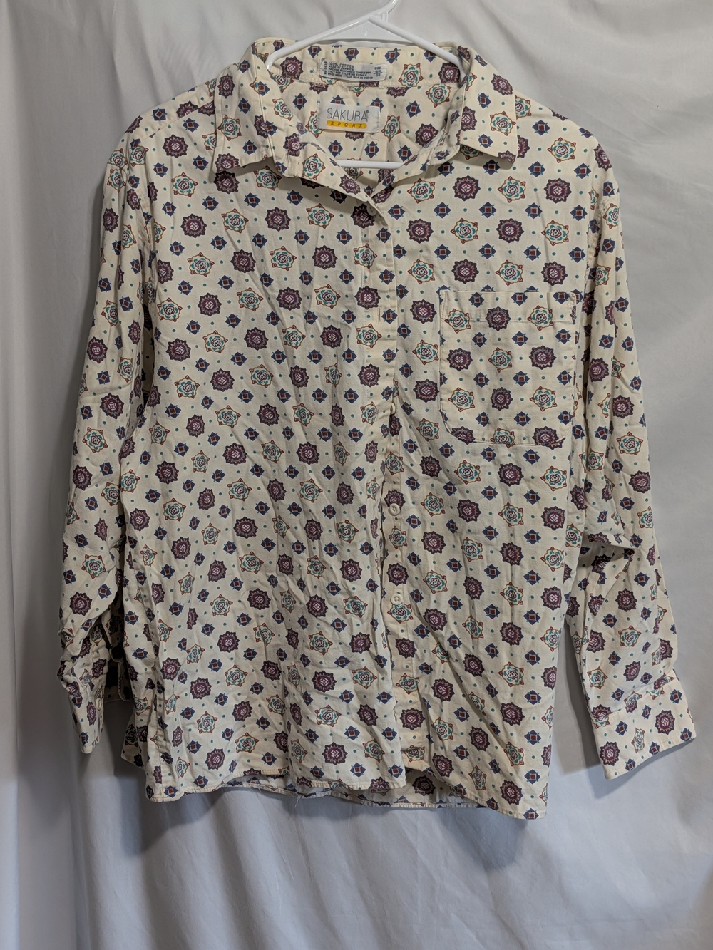 Sakura Women’s Cream Button-Down Shirt with Purple & Teal Motif
